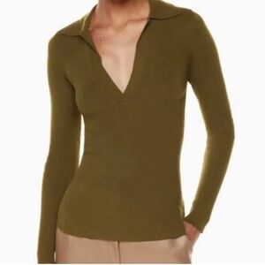 Aritzia Babaton Leyster Ribbed Polo Knit Sweater Olive Green Size Medium